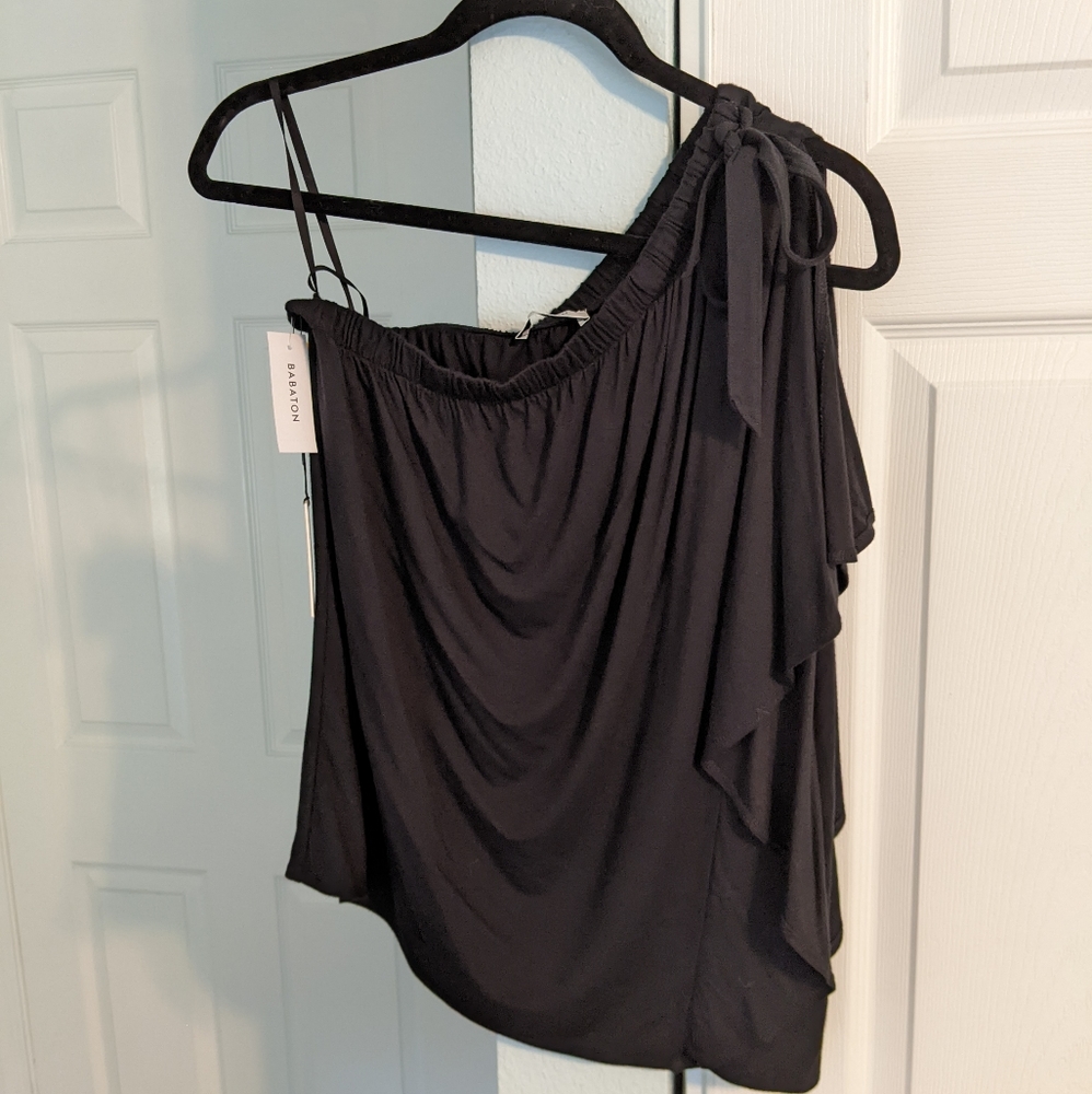 NWT Azazie Babaton One Shoulder Black Top with Tie Bow - Small